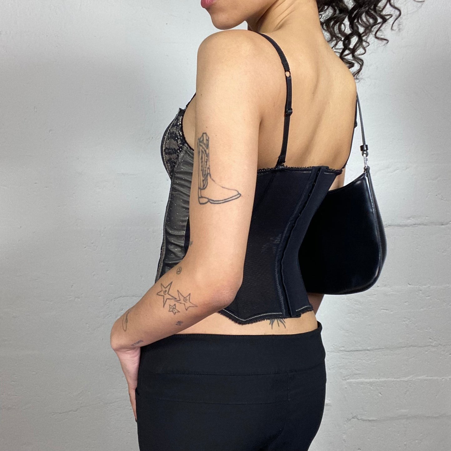 Vintage 2000's Romantic Satin and Lace Beige & Black Corset Top with Lace Decoration (S)