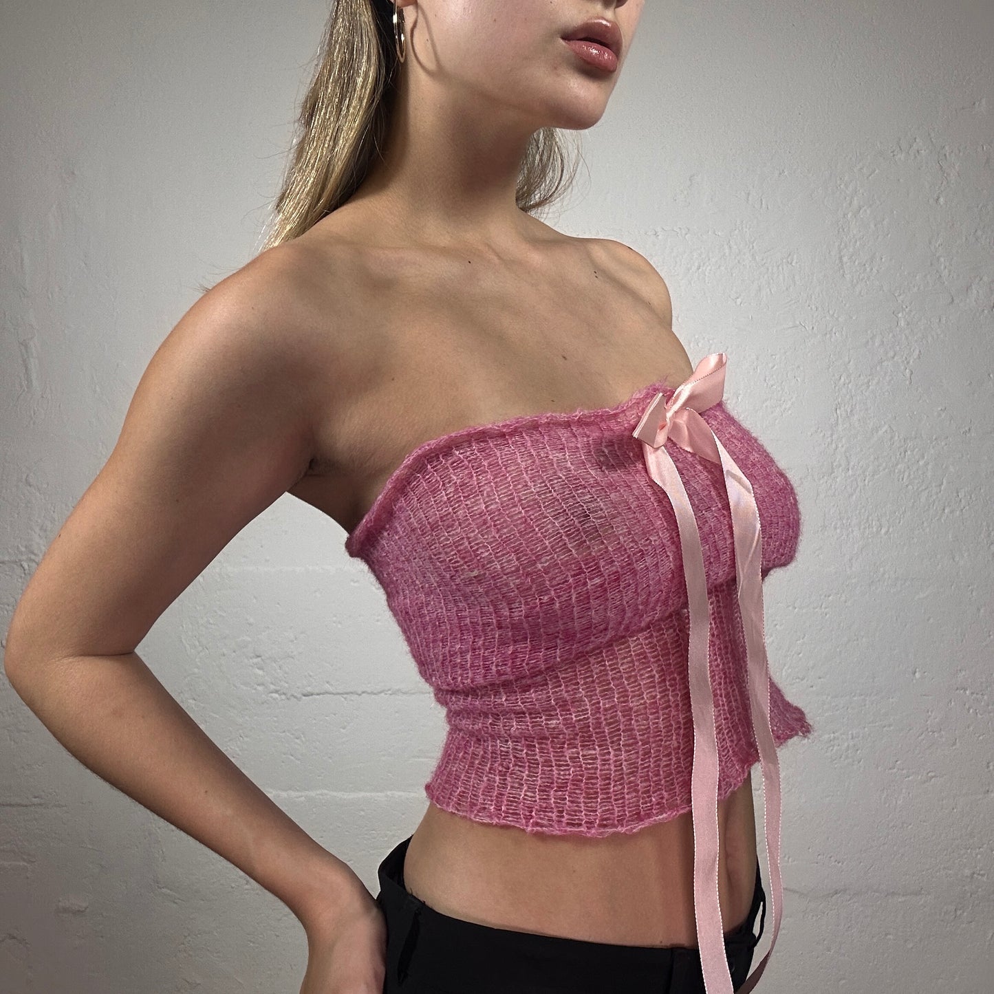 Handcrafted Original Coquette Pink Crochet Tube/Neckholder Top with Silky Baby Pink Stripe Detail (S)