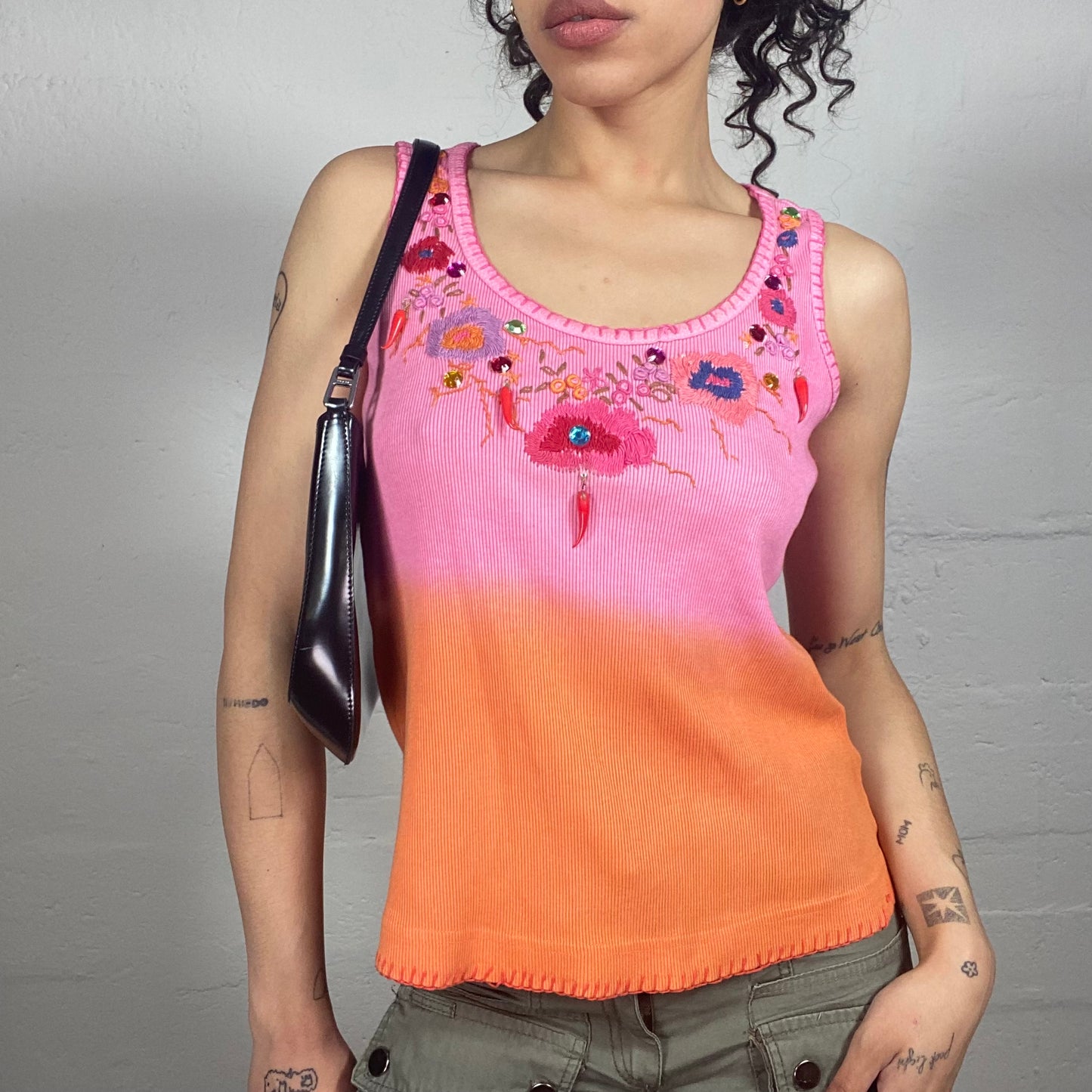 Vintage 2000's Hippie Jersey Orange and Pink Tank Top with Sequins Decorated Embroidery (M)