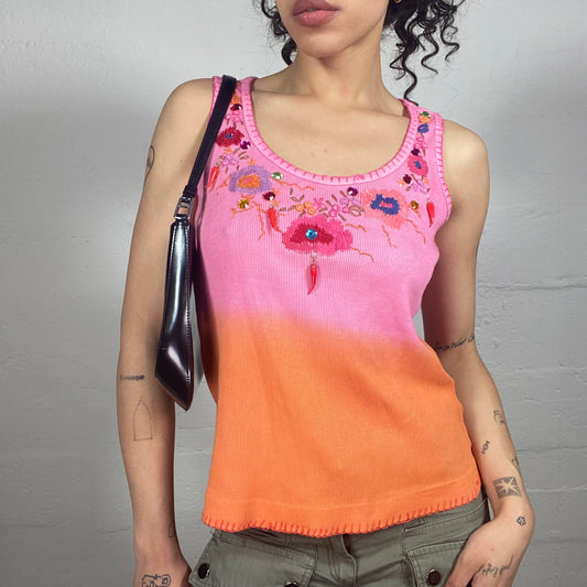 Vintage 2000's Hippie Jersey Orange and Pink Tank Top with Sequins Decorated Embroidery (M)