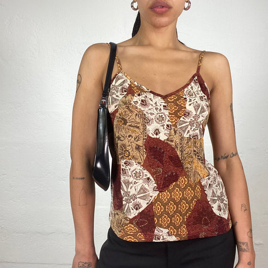 Vintage 2000’s Boho Girl Earth Tones Patched Abstract Print Cami Top (M)