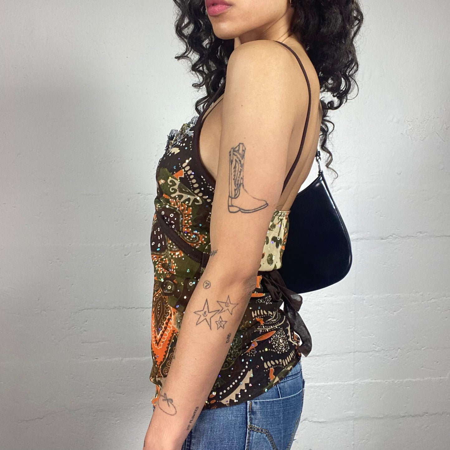 Vintage 2000's Boho Girl Brown Toned Printed Cami Top with Trim Embroidery (S)