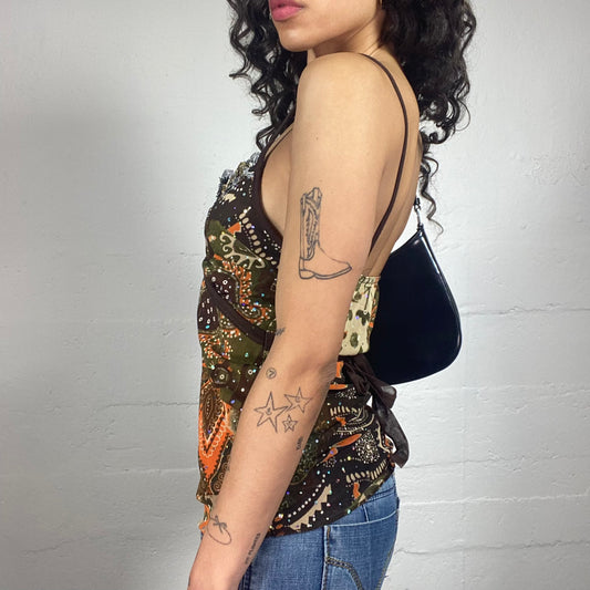 Vintage 2000's Boho Girl Brown Toned Printed Cami Top with Trim Embroidery (S)
