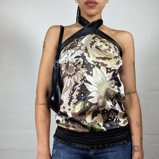 Vintage 2000's Romantic Brown Toned Silky Floral Print Neckholder Top with Black Trim (M/L)