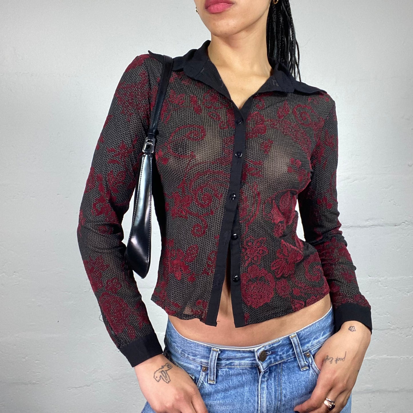 Vintage 2000's Gothic Black Mesh Button Up Collared Shirt with Dark Red Boho Print (L)