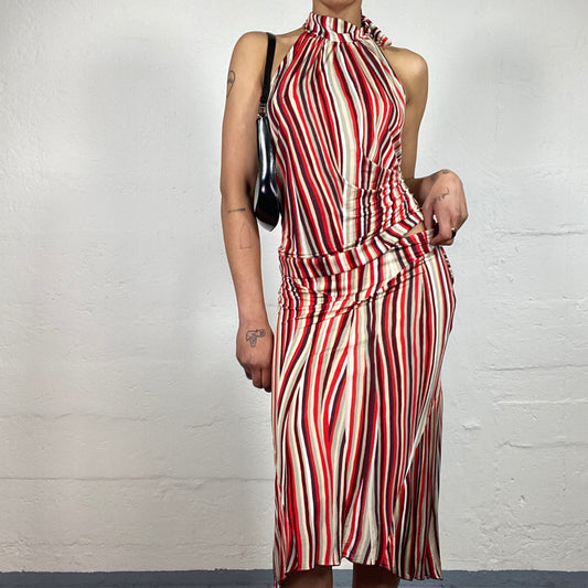 Vintage 2000's Summer Chic Red and White Striped Neckholder Top with Midi Skirt Set (S/M)