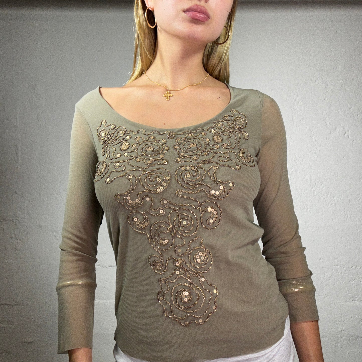 Vintage 90's Earth Fairy Khaki Green Longsleeve Top with Beaded Spiral Print (L)