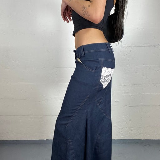 Vintage 90’s Soft Girl Blue Denim Maxi Skirt with White Lace Detail (42)