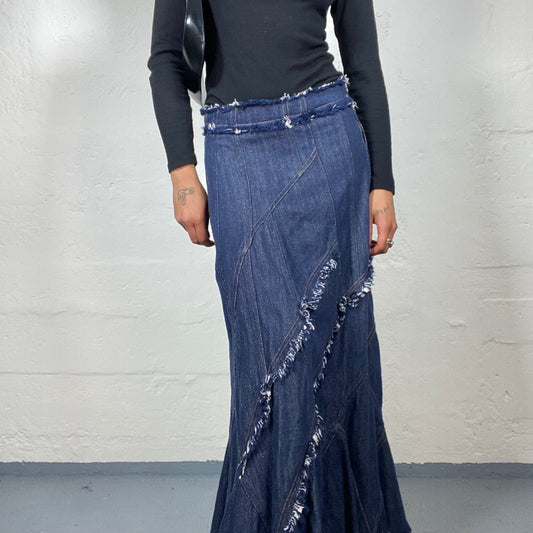 Vintage 2000's Boho Girl Dark Blue Denim Maxi Draped Skirt with Open Trim (S)