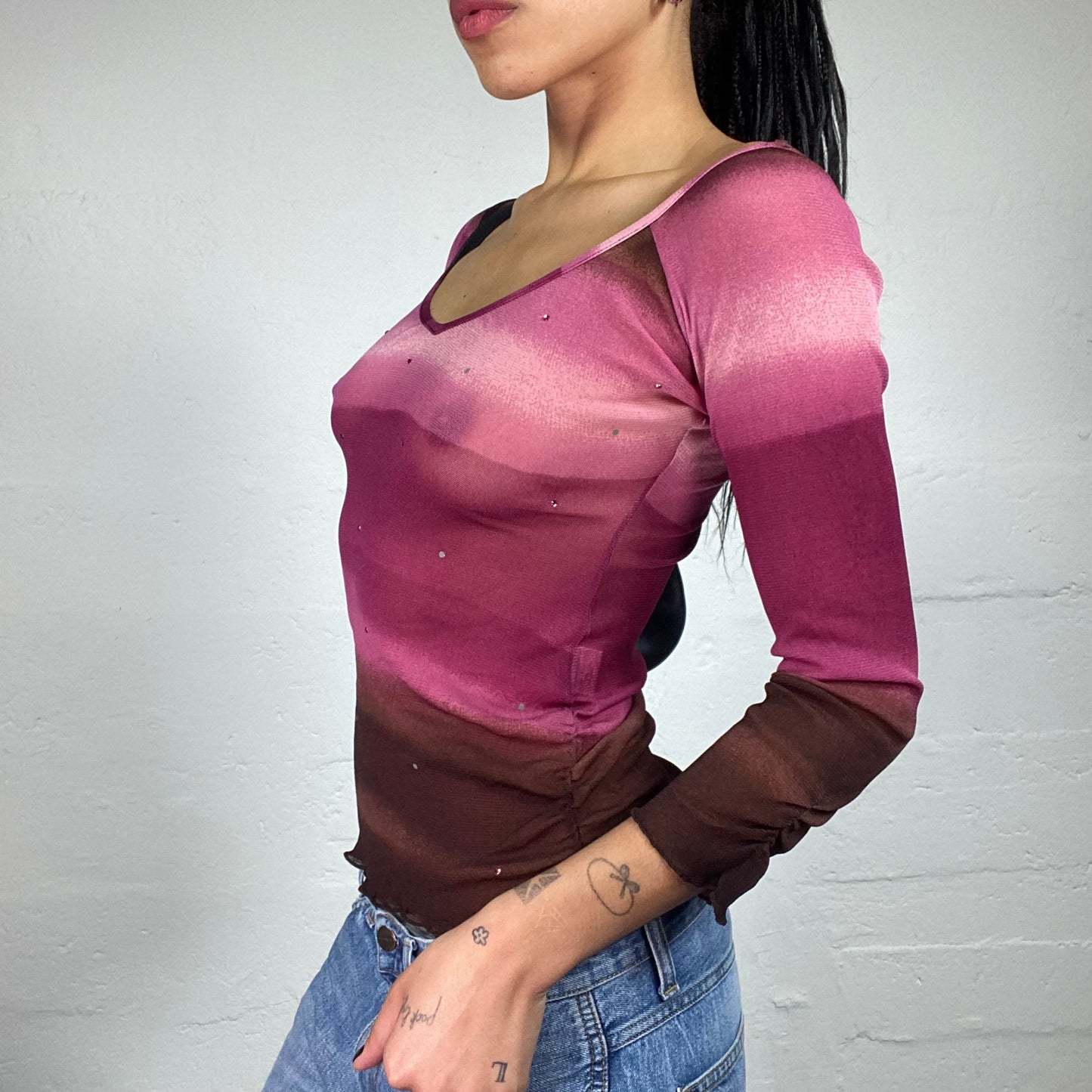 Vintage 2000's Downtown Girl Pink to Brown Striped Fading Longsleeve Top with Rhinestone Decor (M)
