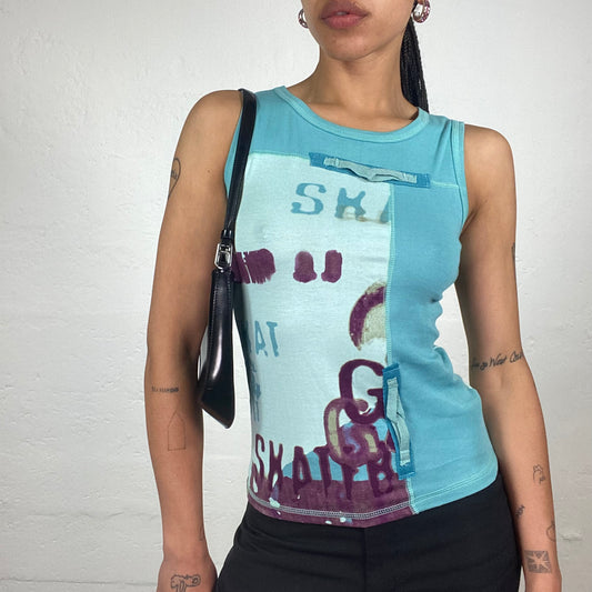 Vintage 2000’s Downtown Girl Blue Jersey Cami Top with Abstract Typo Details Purple Print (S)