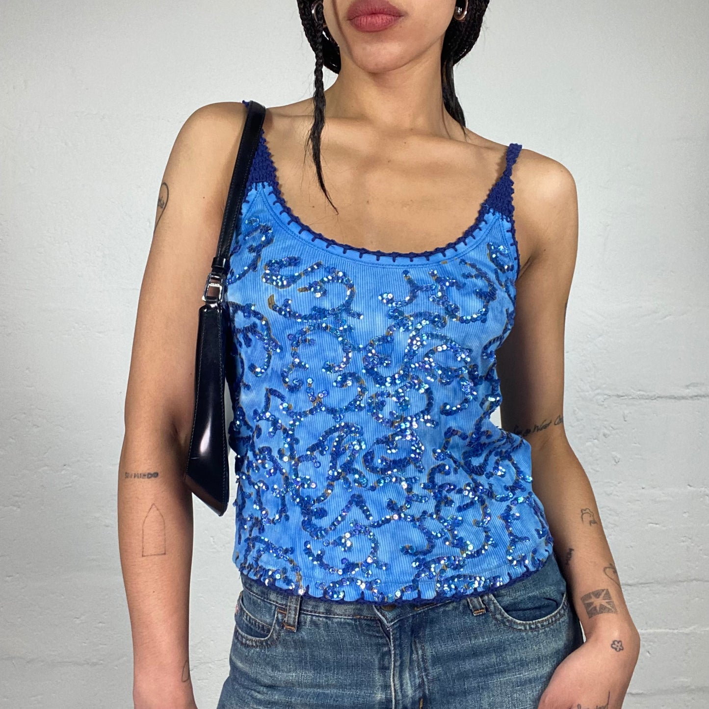Vintage 2000's Summer Girl Sky Blue Jersey Tank Top with Crochet Details and Sequin Embroidery (S)