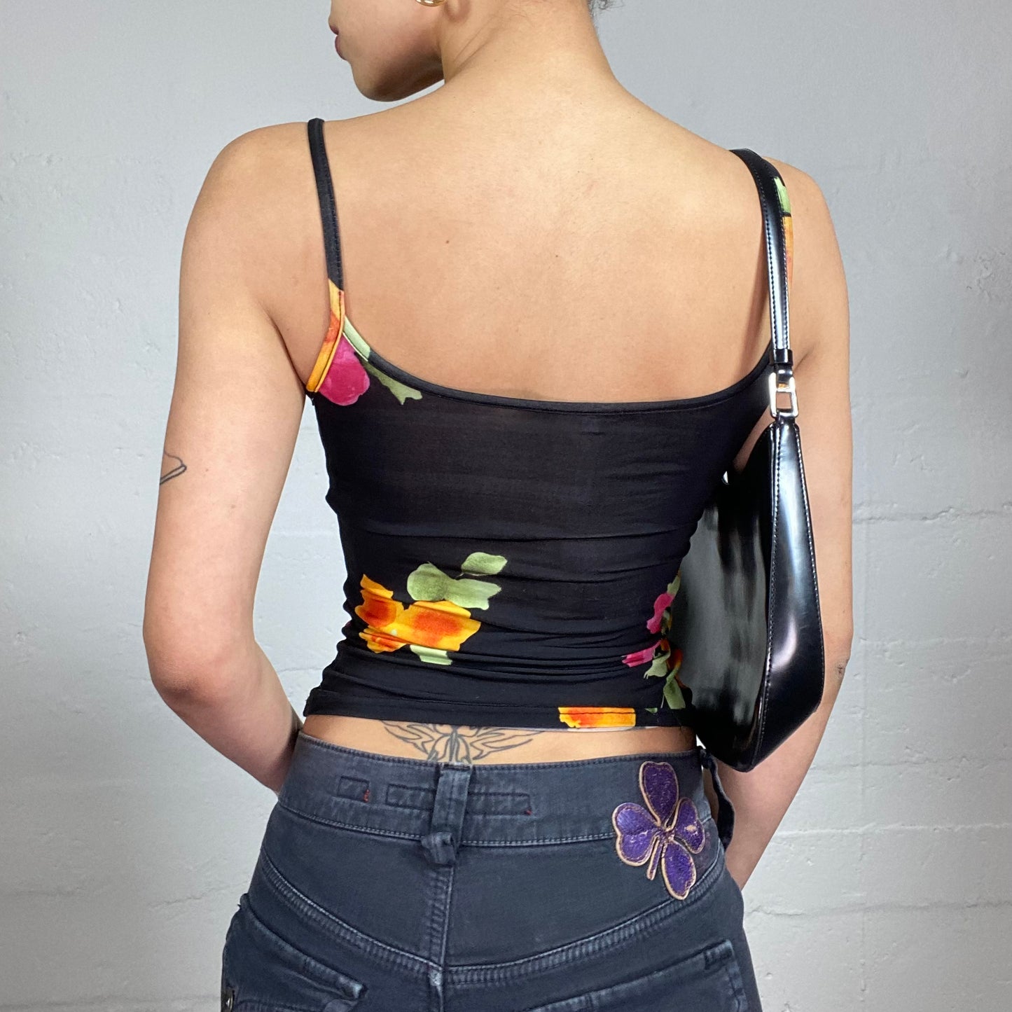 Vintage 2000's Summer Black Cami Top with Pink and Orange Flowers Print (S)