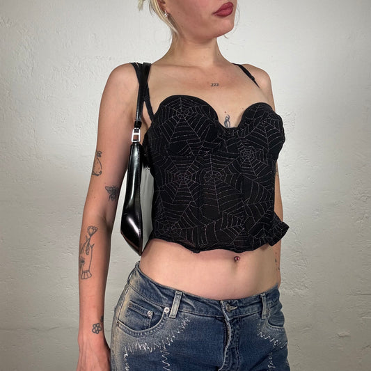 Vintage 2000's Gothic Black Corset Top with Silver Spider Web Print (S)