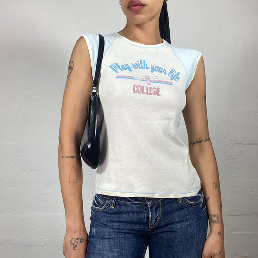 Vintage 2000's Downtown Girl White and Baby Blue Tank Top with Play With Your Life Typography Print (M)