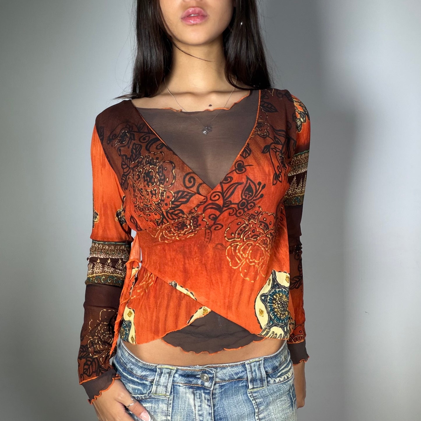 Vintage 90’s Boho Orange Paisley Print Wrap Top (M)