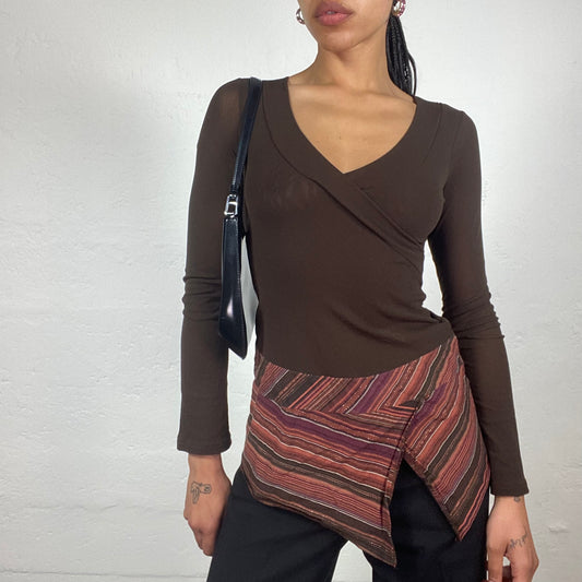 Vintage 2000’s Downtown Girl Brown Wrapped Bra Longsleeve Top with Striped Bottom (S)