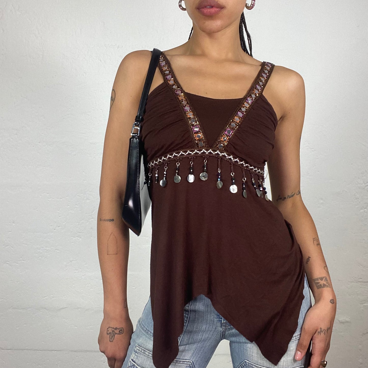 Vintage 2000’s Cowgirl Clubwear Brown Asymmetric Trim Top with Silver Decorations (S)