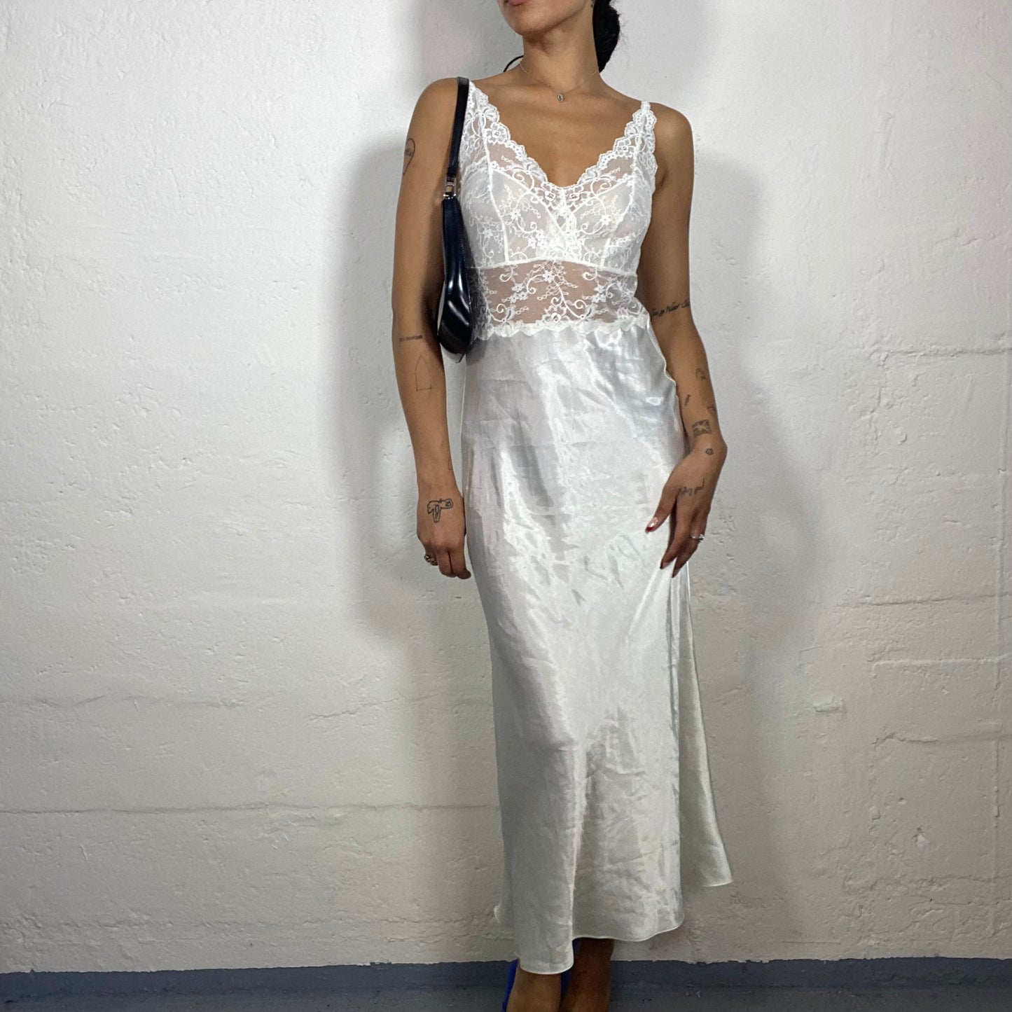 Vintage 2000's Romantic Moonlight White Silky Maxi Camisole Dress with Floral Lace Bra (S)