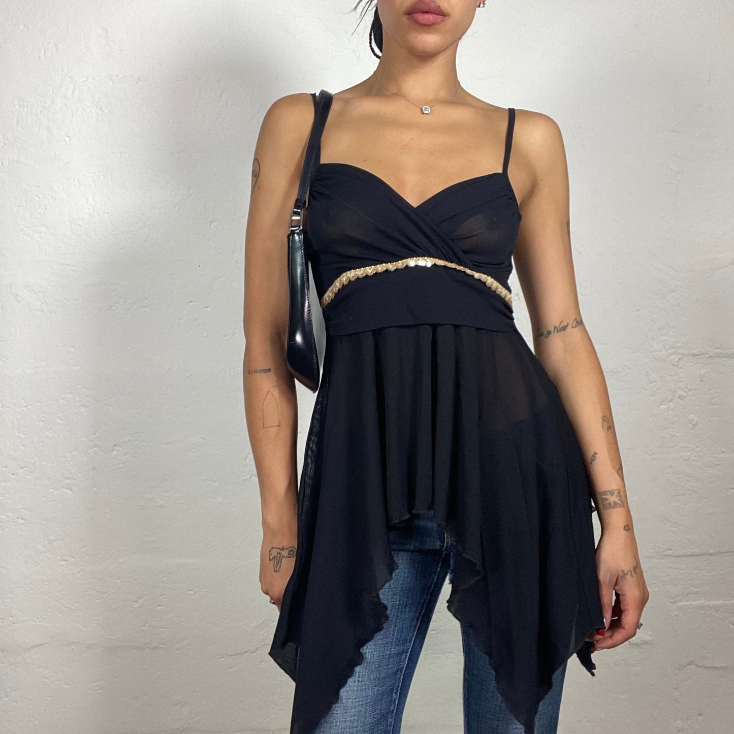 Vintage 2000's Night Out Black Draped Asymmetric Trim Cami Top with Beige Lace Band Detail (S)