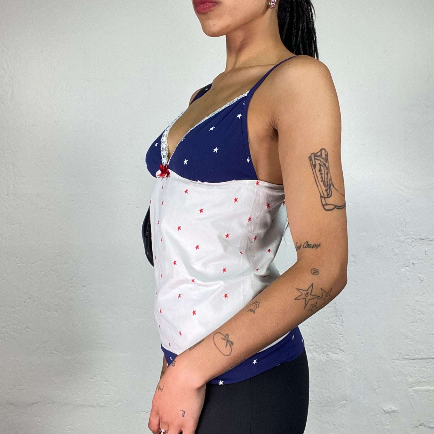 Vintage 2000's Summer Sea Side White And Blue Polka Dot Printed Cami Top with Red Ribbon (M)