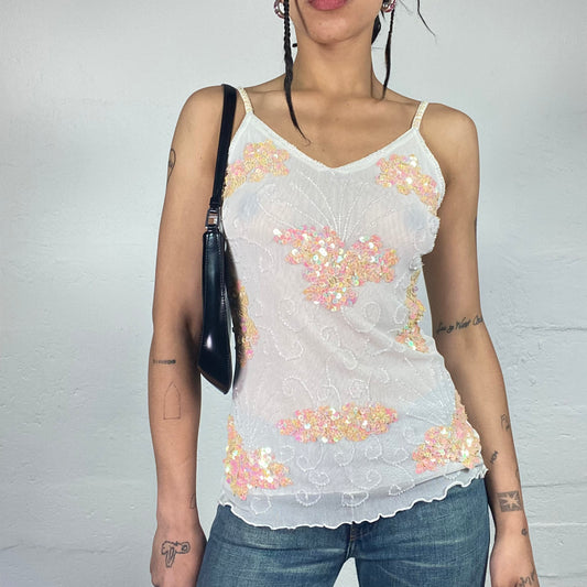 Vintage 2000's Soft Girl White Mesh Layered Cami Top with Peachy Sequin Embroidery (S)