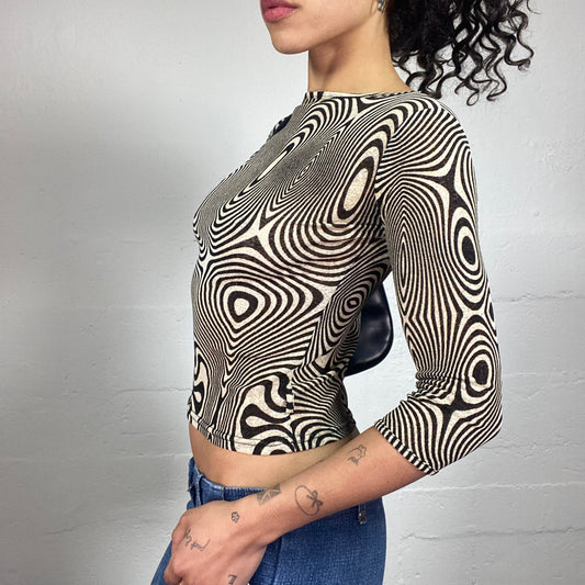 Vintage 2000's Downtown Girl Beige and Black Futuristic Print 3/4 Sleeve Cropped Top (S)