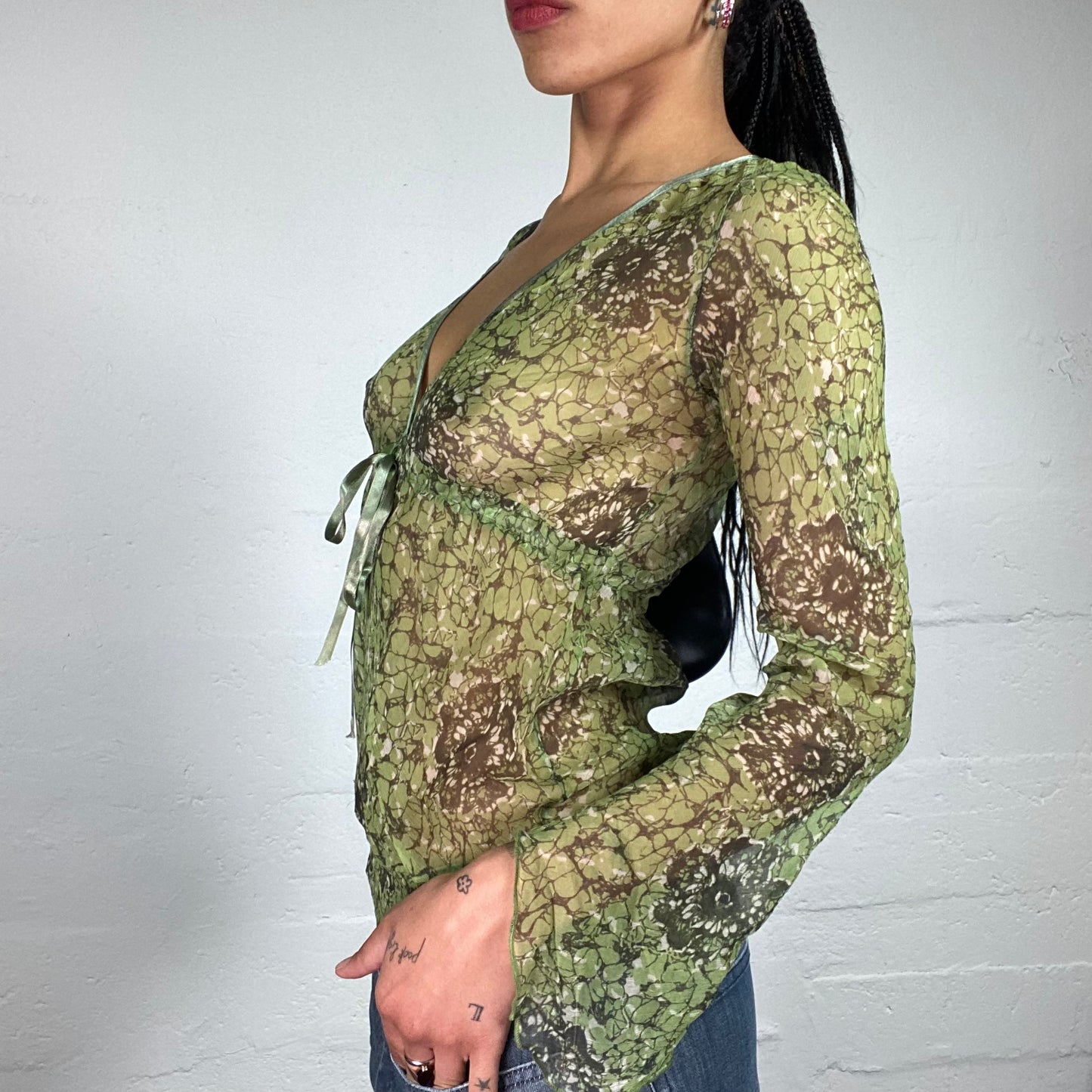 Vintage 2000's Boho Girl Forest Green Chiffon Light Printed Longsleeve Shirt with Wrapped Up Bra (M)