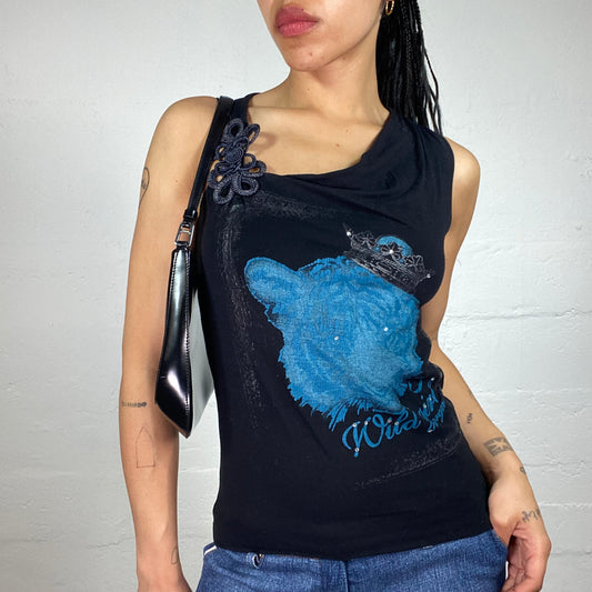 Vintage 2000's Morgan Downtown Girl Black Printed Draped Shoulders Top with Blue Shiny Details (S)