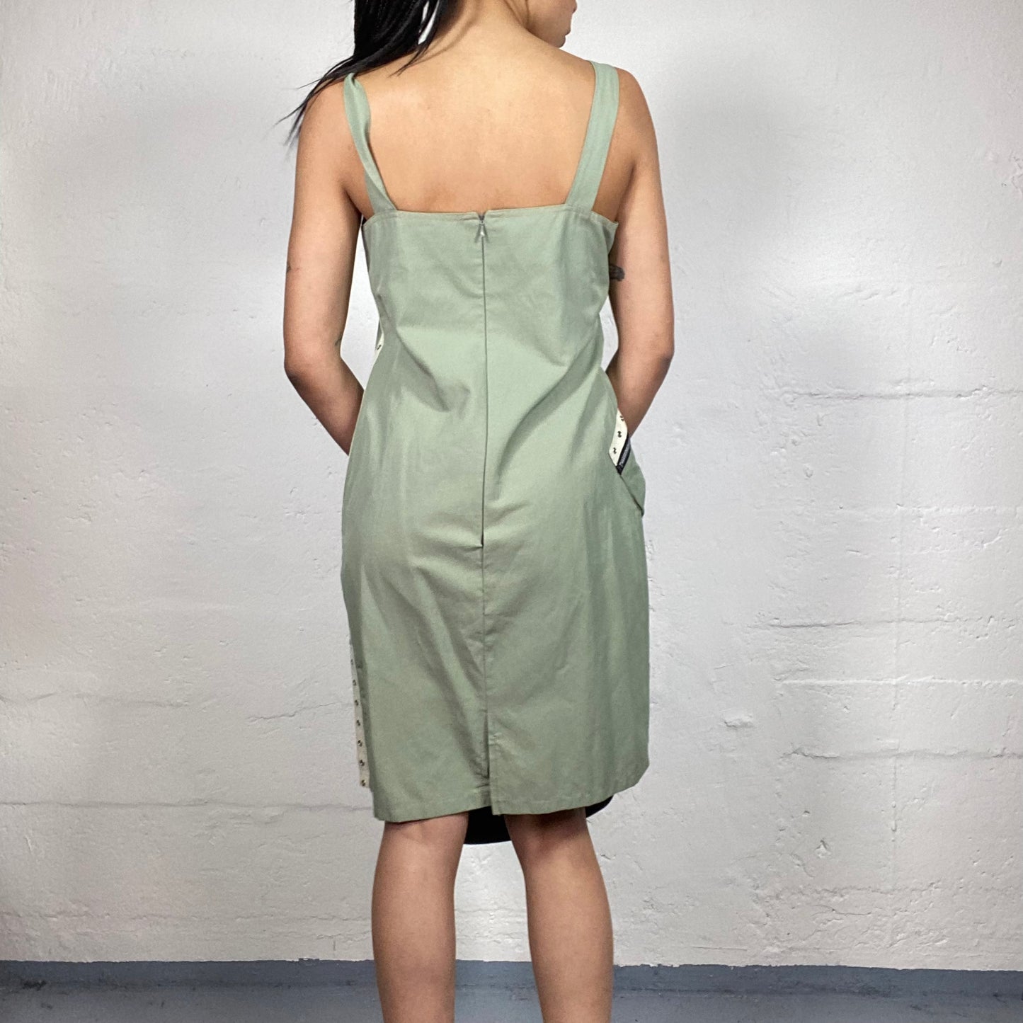 Vintage 2000's Downtown Girl Light Green Knee Length Cami Dress with Big Pocket Detail (M)