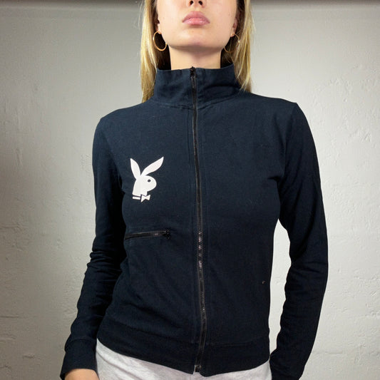 Vintage 2000's Playmate Downtown Girl Classic Black Zip Up Pullover with Baby Pink Logo Print (S)