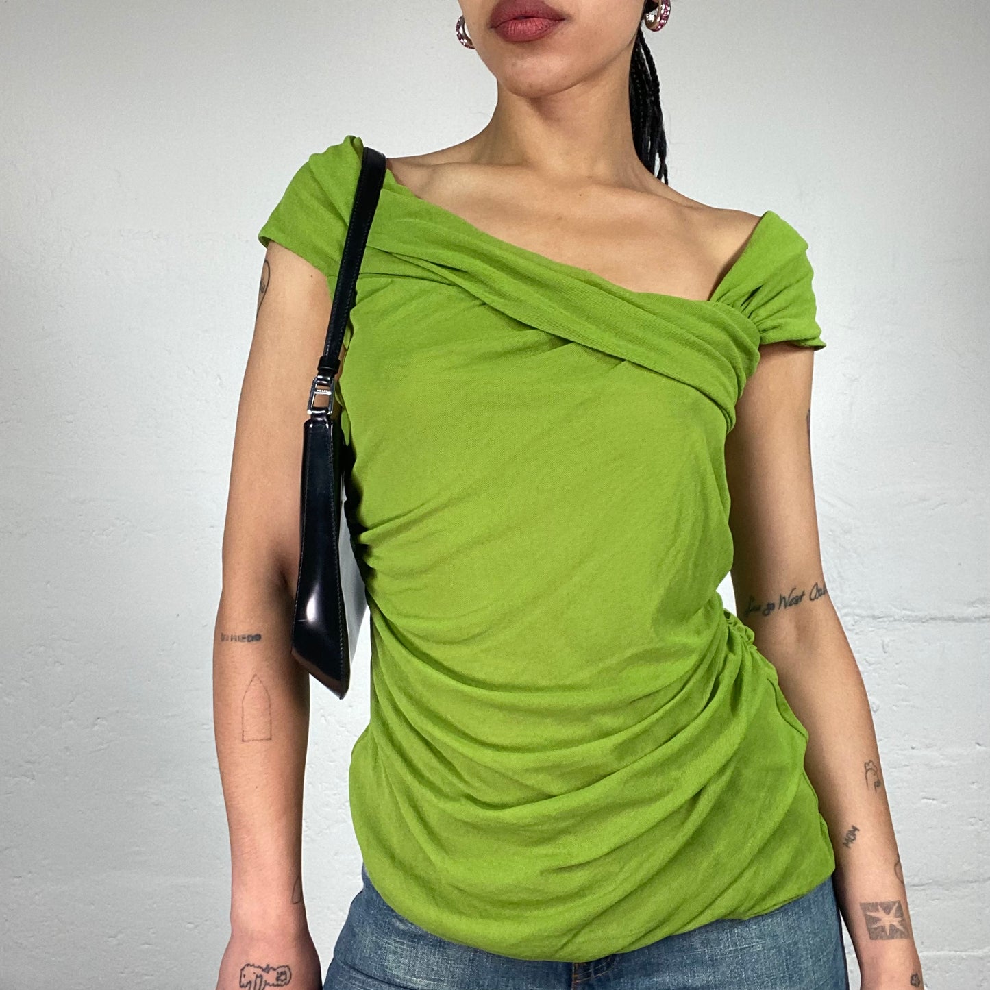 Vintage 2000's Max Mara Summer Girl Green Draped Off Shoulder Top (XL)