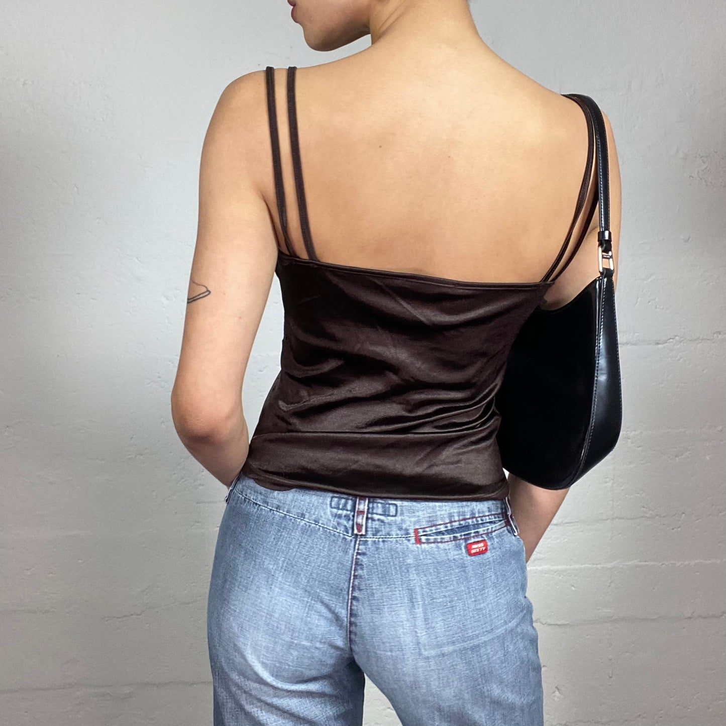 Vintage 2000's Coquette Satin Brown Cami Top with Lace Cut In and Ruffled Bra (S)
