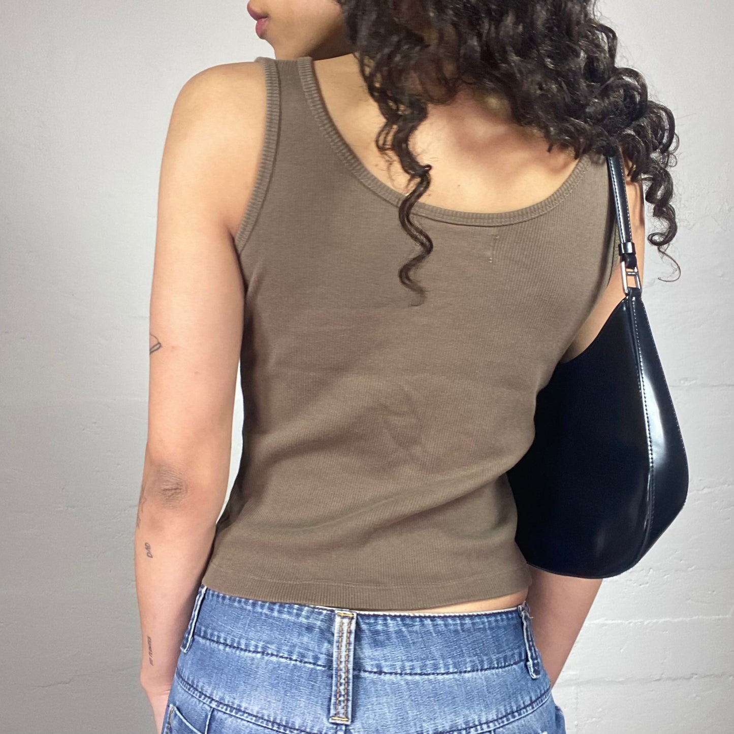Vintage 2000's Casual Brown Jersey Tank Top with Butterflies Sequins Embroidery (XS)