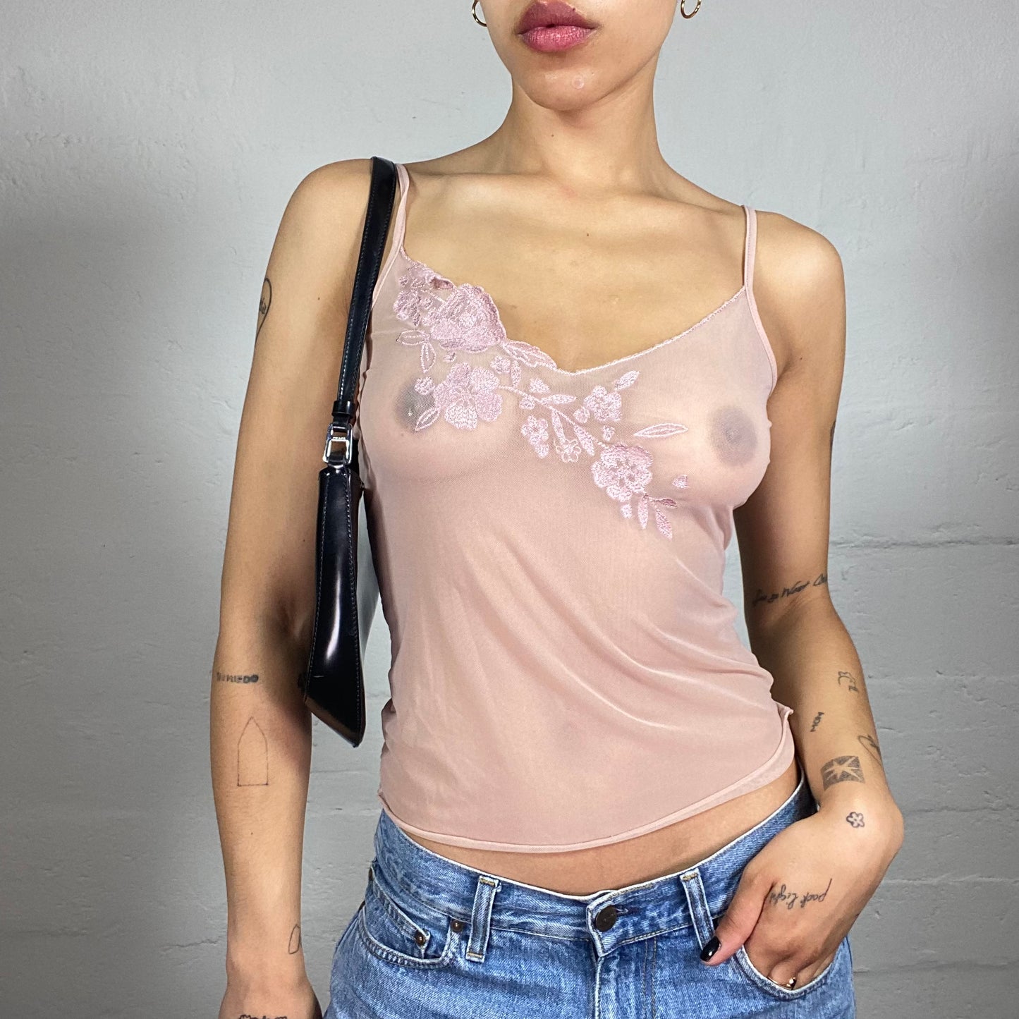 Vintage 2000's Soft Girl Baby Pink See Through Mesh Cami Top with Floral Embroidery (S)