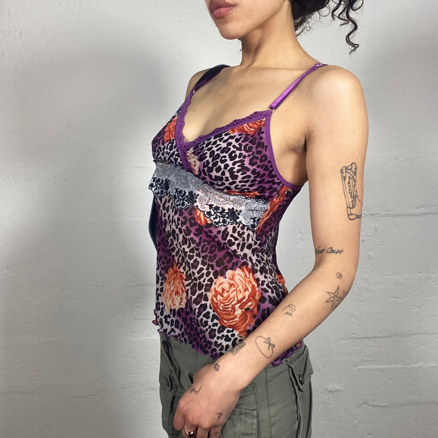 Vintage 2000's Romantic Purple Animal Print Cami Top with Lace Trim (S)