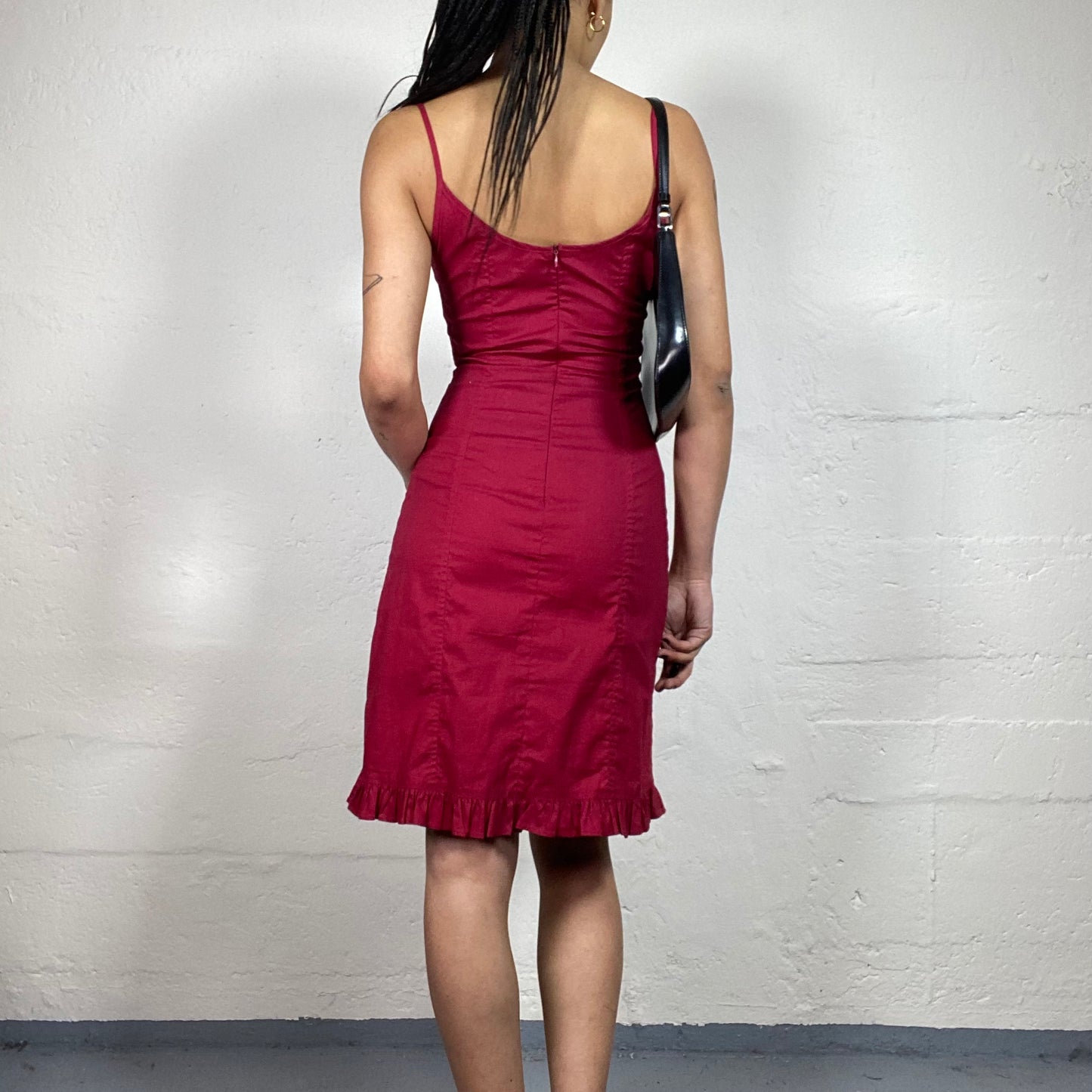 Vintage 2000's Romantic Red Over The Knee Slim Fit Cami Dress with Middle Ribbon Detail (S)