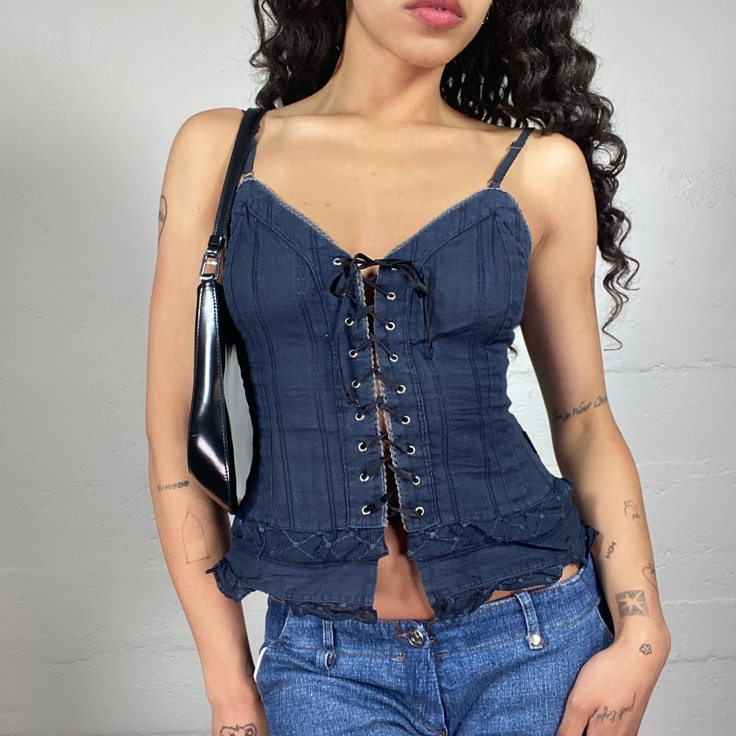 Vintage 2000's Calvin Klein Sunday Date Navy Blue Corset Style Cami Top with Ruffled Details and Front Lace Up (S)