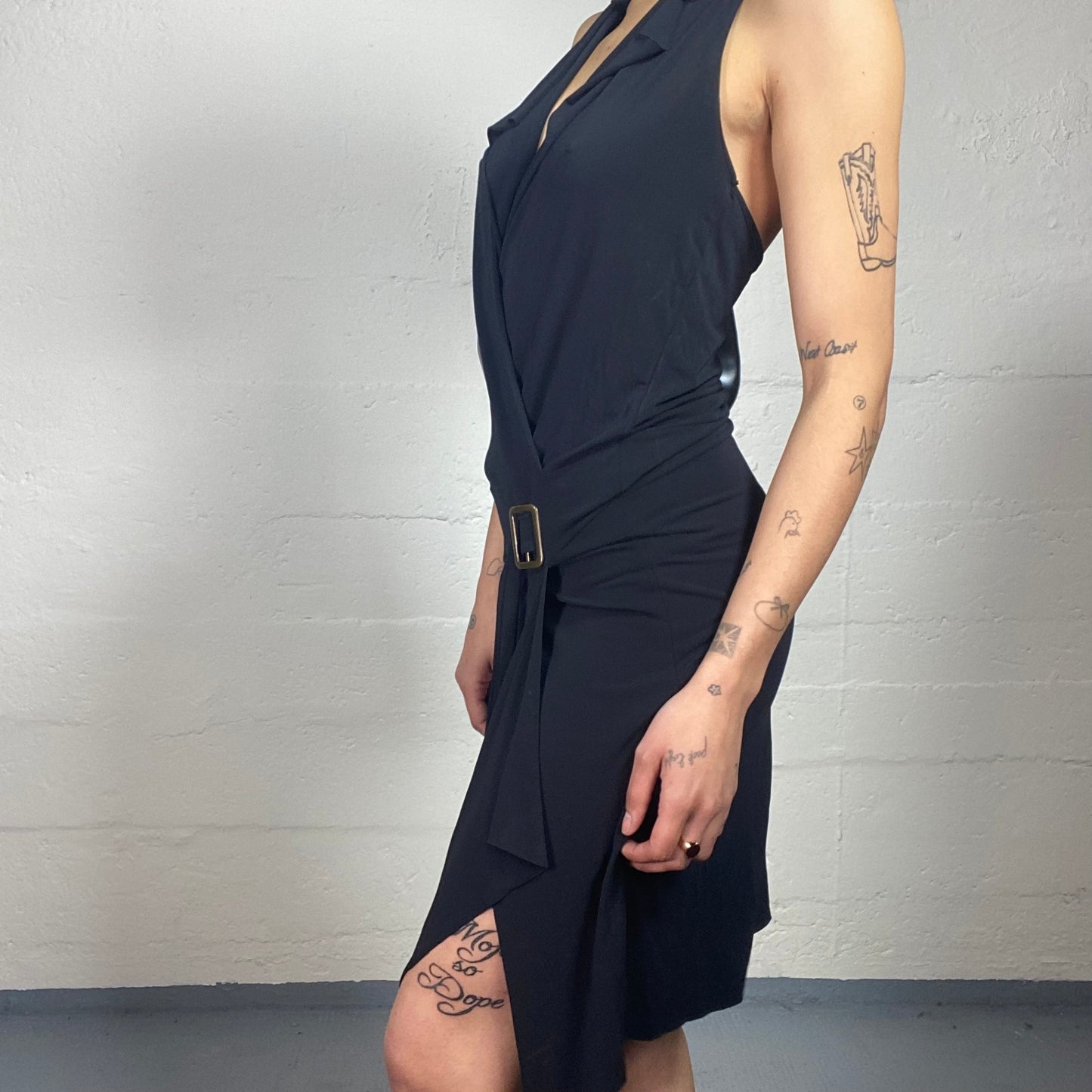 Vintage 2000's Upper East Side Chic Black Neckholder Asymmetric Dress with Low Waisted Belt (S)