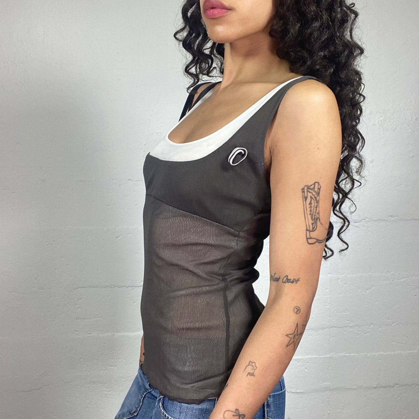 Vintage 2000's Downtown Girl Layered Grey and White Mesh Cami Top (S)