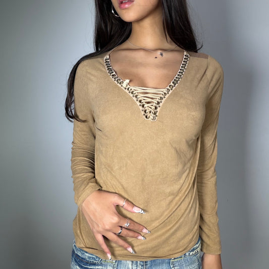 Vintage 90’s Boho Beige Longsleeve Top with Lace-Up Detail (M)