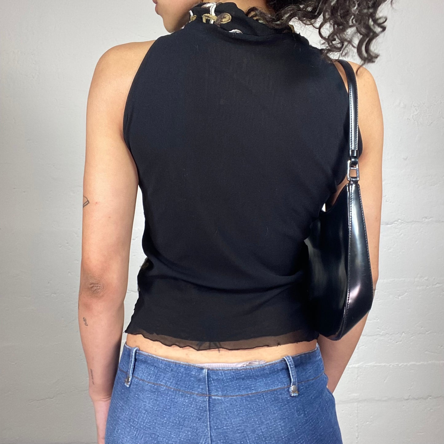 Vintage 2000's Chic Black Sleeves Turtleneck Top with Beige and White Decorative Embroidery (L)