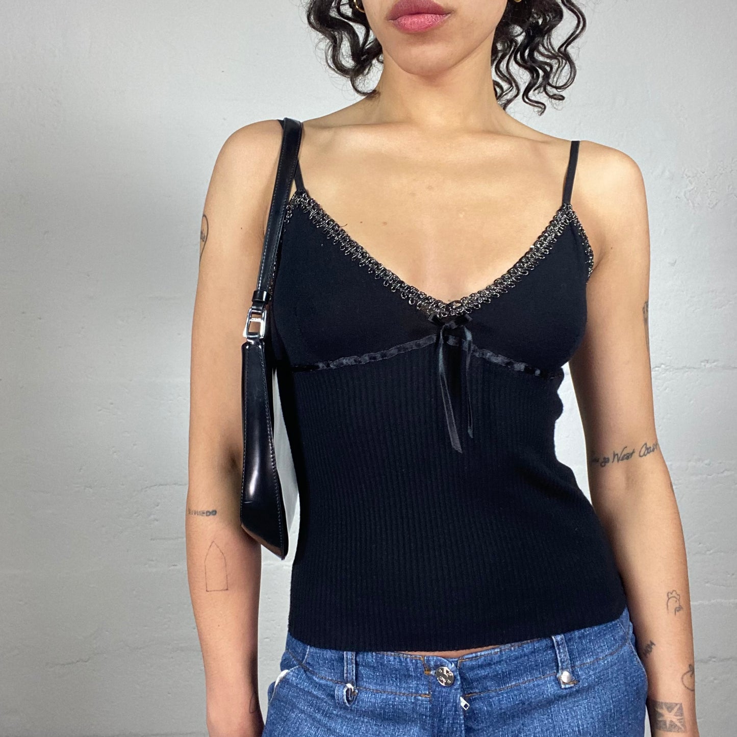 Vintage 2000's Summer Black Jersey Cami Top with Silky Ribbon Detail (S)