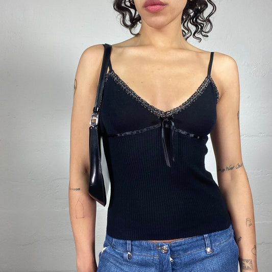 Vintage 2000's Summer Black Jersey Cami Top with Silky Ribbon Detail (S)
