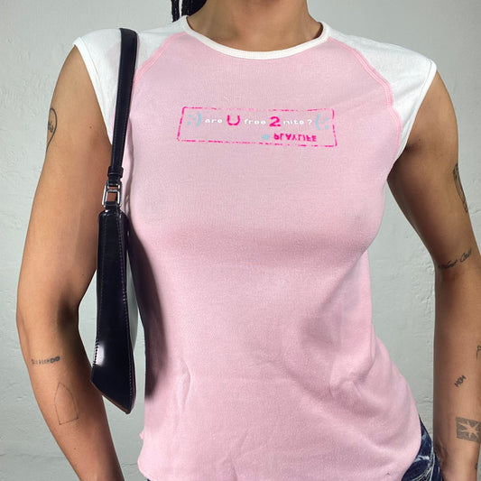 Vintage 2000's Soft Girl Baby Pink Jersey Tee with White Patches and Mini Typo Print (S)