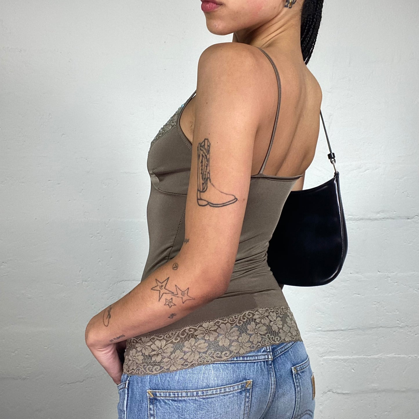 Vintage 2000's Casual Dark Beige Cami Top with Lace Details and Rhinestones (S)
