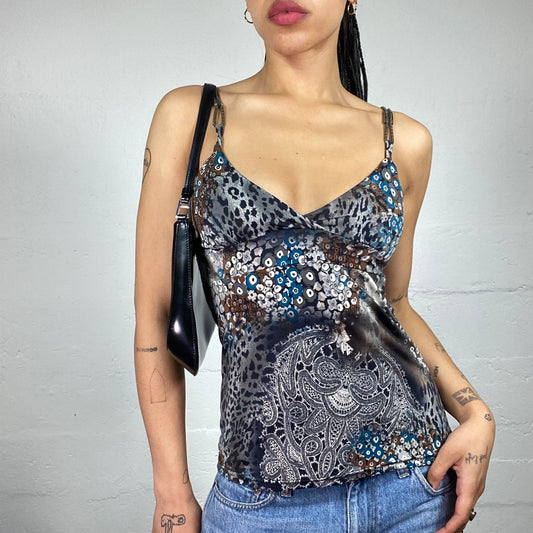 Vintage 2000's Downtown Girl Grey Toned Leo and Floral Printed Cami Top with Blue and Brown Accents (S)