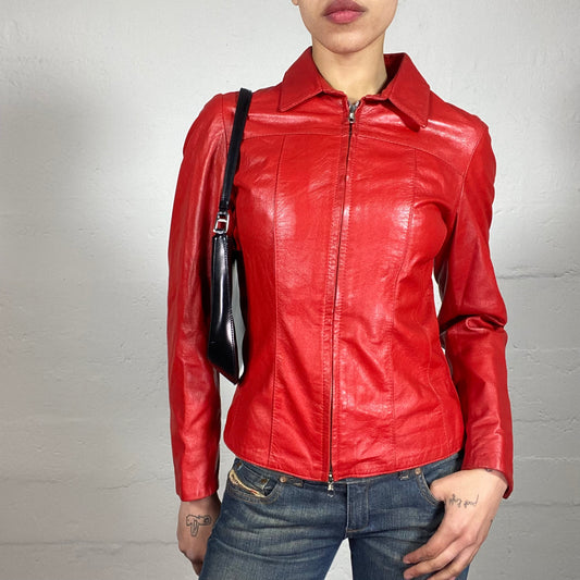 Vintage 2000's Femme Fatale Blood Red Leather Zip Up Jacket (S)