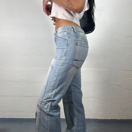 Vintage 2000’s Biker Girl Light Blue Washed Out Denim Straight Cut Mid Waist Pants with Double Belt and Leg Pocket Details (S)
