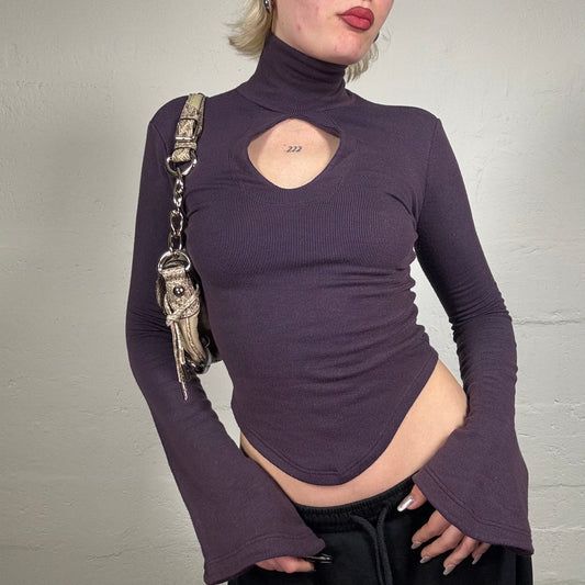 Vintage 2000's Chic Jersey Purple Turtleneck Flare Sleeves Top (S)